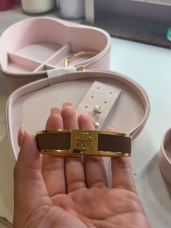 Tory Burch Gold and Brown Logo Hinge Bracelet main image 4